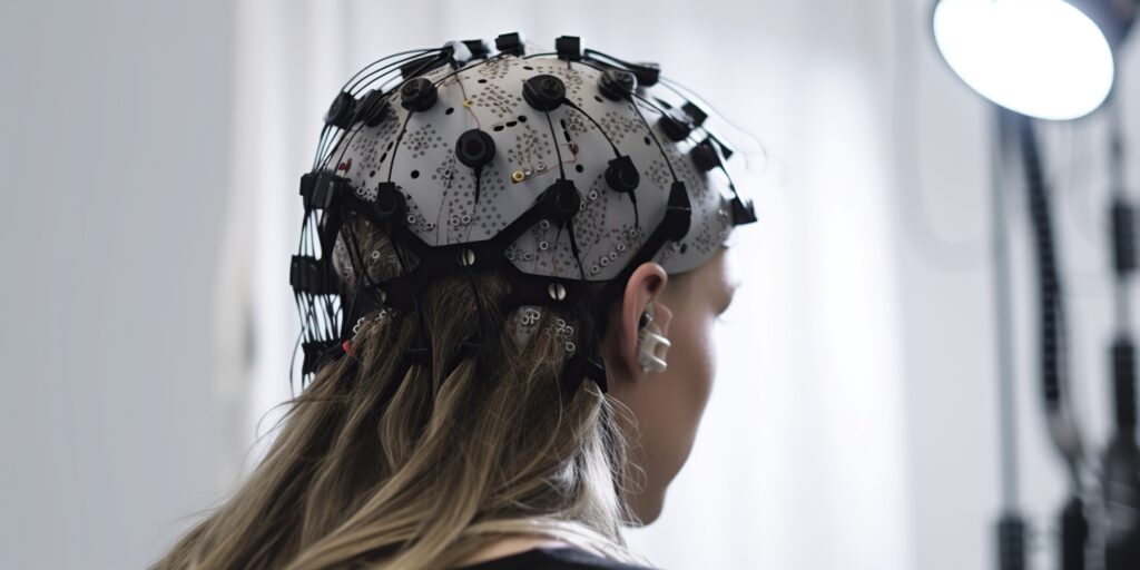 A woman wears a sensor to detect brain activity